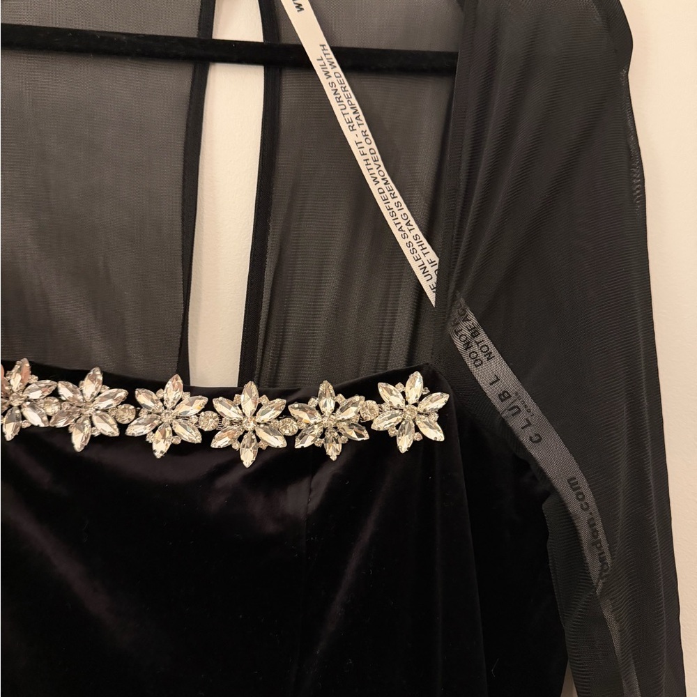 Club L London Black Long Sleeve Mesh Evening Gown with Embellished Bandeau - Picture 7 of 9